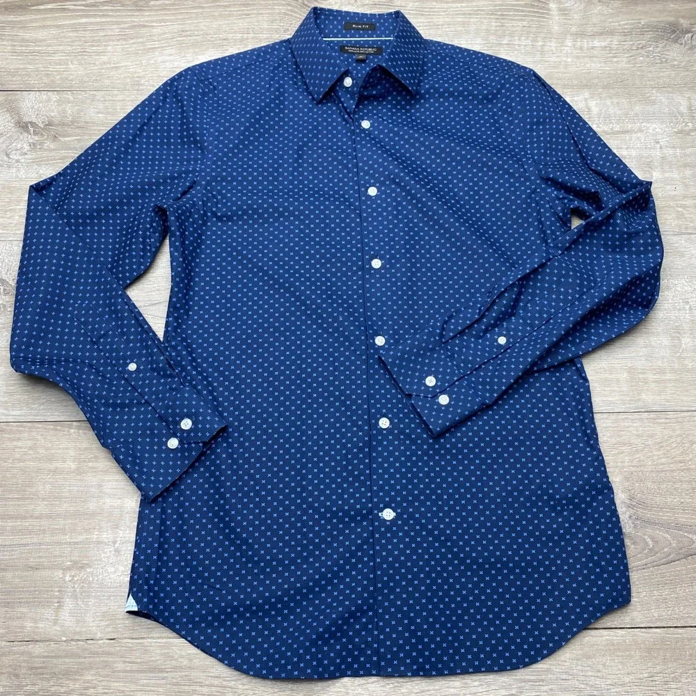 Banana Republic Shirt Slim Fit Mens‎ Medium Blue Non-Iron Cotton Geometric Print